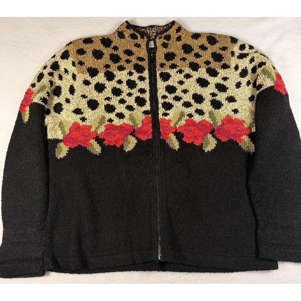 South Cotton Sweater Womens Medium Black Leopard Floral Full Zip Cardigan